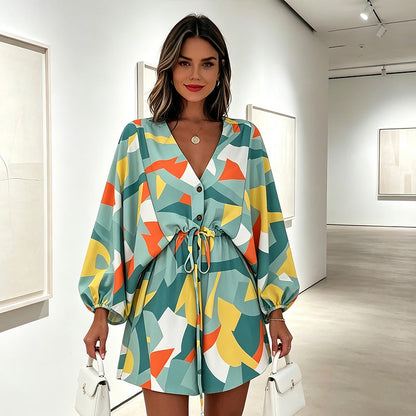 Women Summer V-Neck Flutter Sleeve Vacation Dress with Drawstring