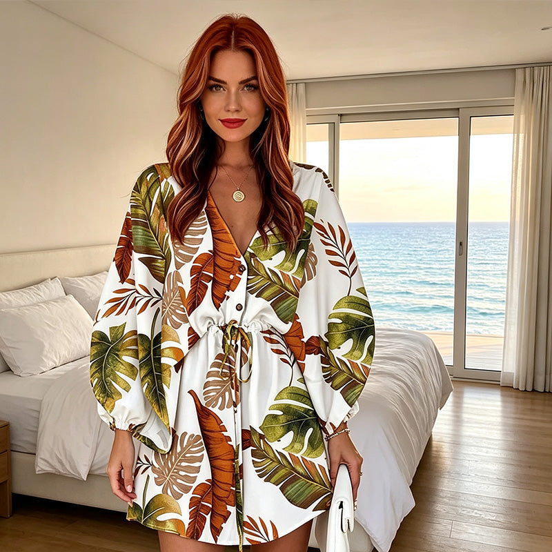 Women Summer V-Neck Flutter Sleeve Vacation Dress with Drawstring