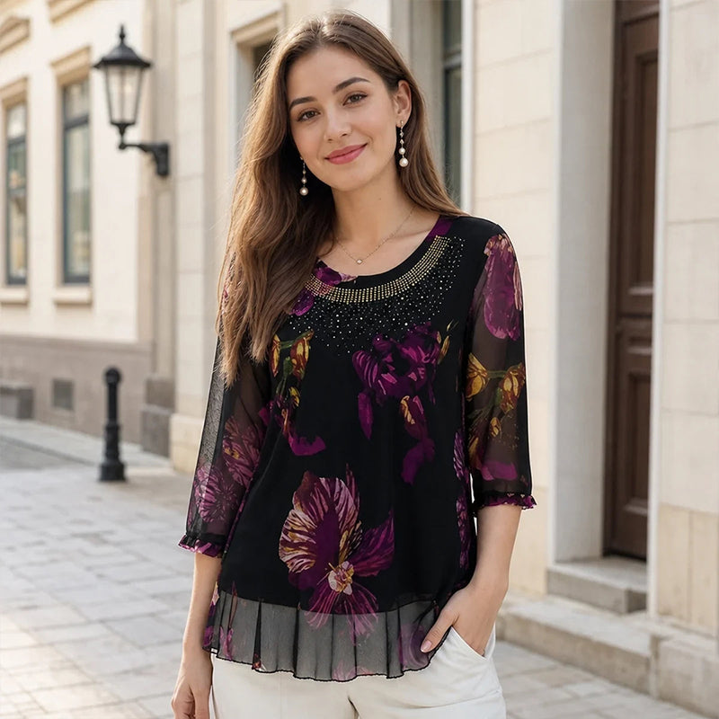 Elegant Floral Print Tunic Top | Lightweight Sheer 3/4 Sleeve Blouse | Double-Layer Chiffon Hem Plus Size