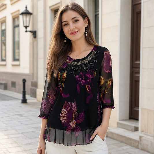 Elegant Floral Print Tunic Top | Lightweight Sheer 3/4 Sleeve Blouse | Double-Layer Chiffon Hem Plus Size