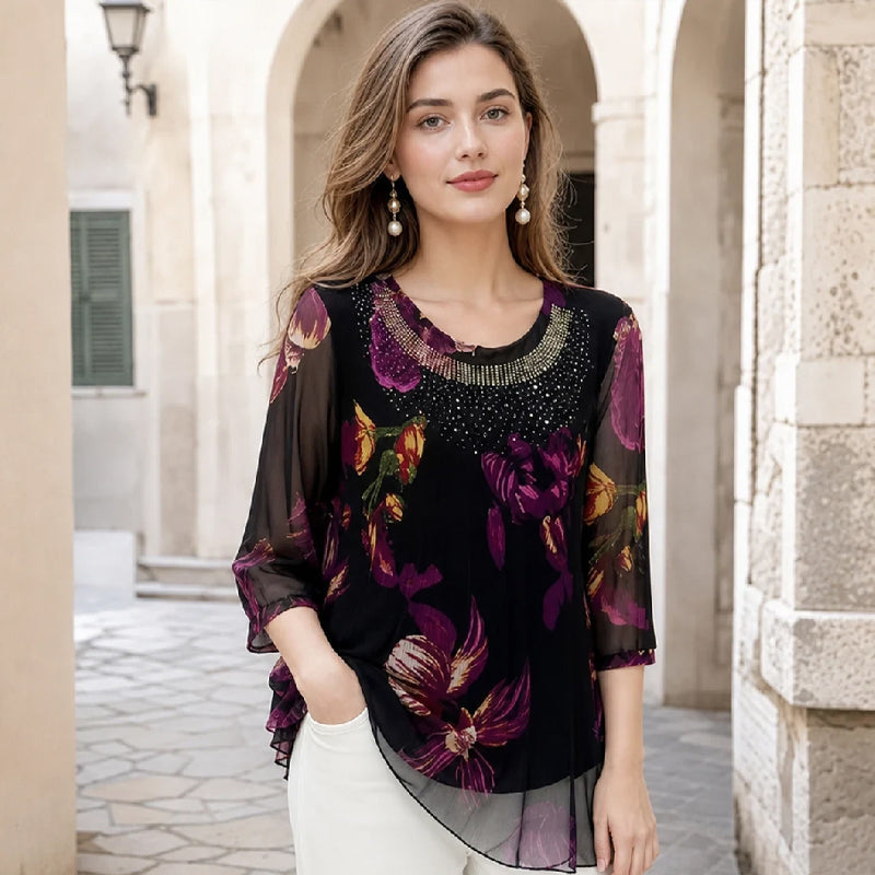 Elegant Floral Print Tunic Top | Lightweight Sheer 3/4 Sleeve Blouse | Double-Layer Chiffon Hem Plus Size