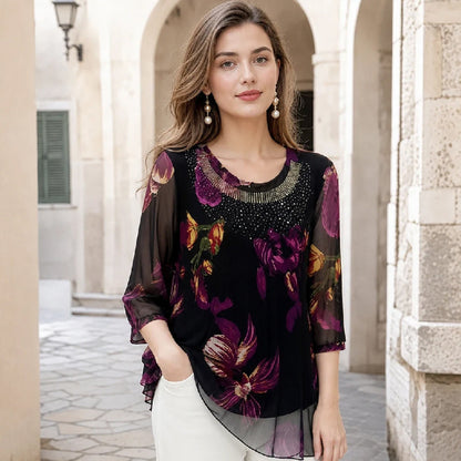 Elegant Floral Print Tunic Top | Lightweight Sheer 3/4 Sleeve Blouse | Double-Layer Chiffon Hem Plus Size
