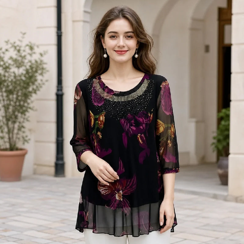 Elegant Floral Print Tunic Top | Lightweight Sheer 3/4 Sleeve Blouse | Double-Layer Chiffon Hem Plus Size