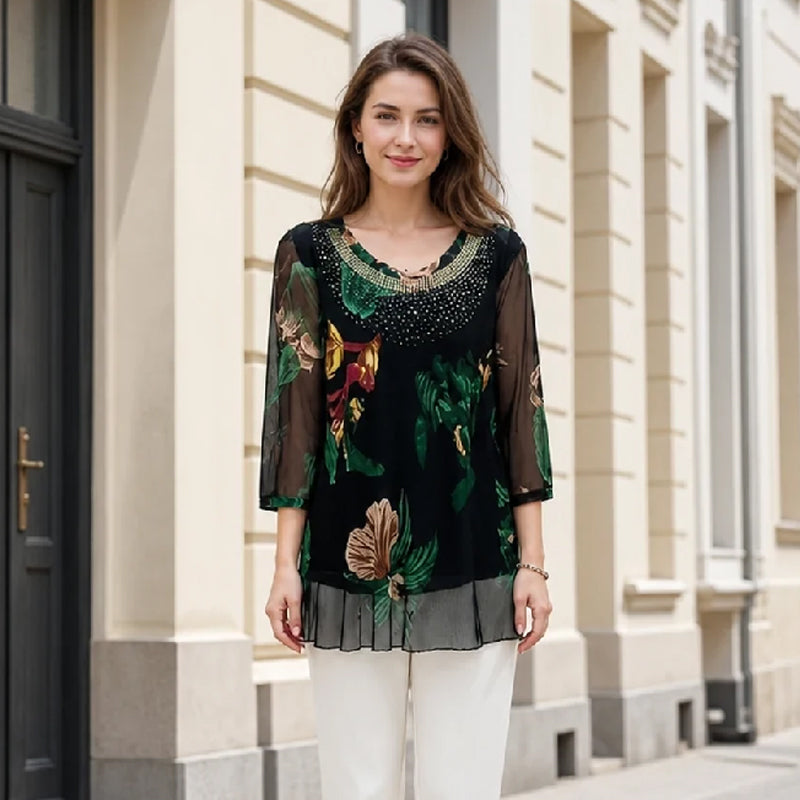 Elegant Floral Print Tunic Top | Lightweight Sheer 3/4 Sleeve Blouse | Double-Layer Chiffon Hem Plus Size