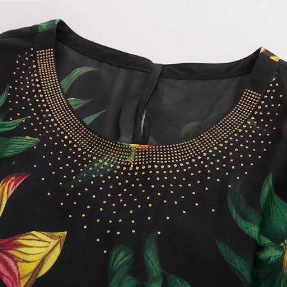 Elegant Floral Print Tunic Top | Lightweight Sheer 3/4 Sleeve Blouse | Double-Layer Chiffon Hem Plus Size