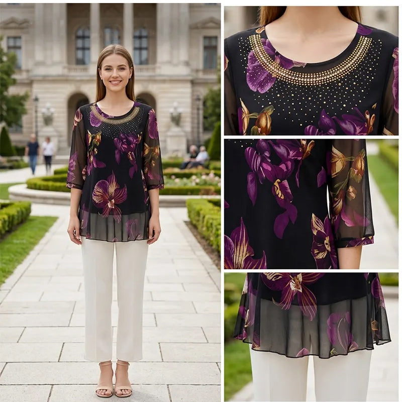 Elegant Floral Print Tunic Top | Lightweight Sheer 3/4 Sleeve Blouse | Double-Layer Chiffon Hem Plus Size