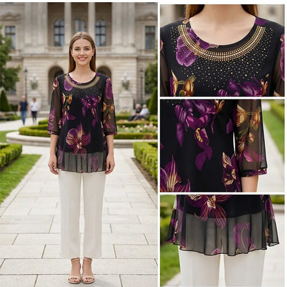 Elegant Floral Print Tunic Top | Lightweight Sheer 3/4 Sleeve Blouse | Double-Layer Chiffon Hem Plus Size