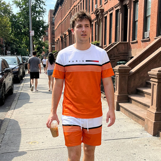 Men's Letter Print Short-Sleeve Shorts Set