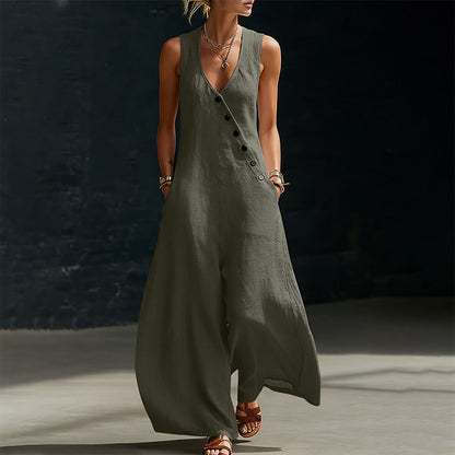 Women's Sleeveless V-Neck Jumpsuit with Pockets