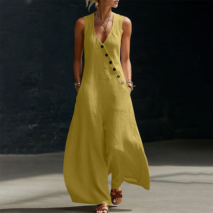 Women's Sleeveless V-Neck Jumpsuit with Pockets