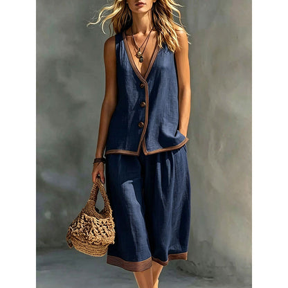 Women's Sleeveless V-Neck Top & Wide-Leg Pants Set