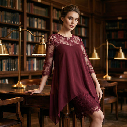 📢📢49% OFF !! ⏰Women's Elegant High-Low Hem Lace Overlay Dress🌺