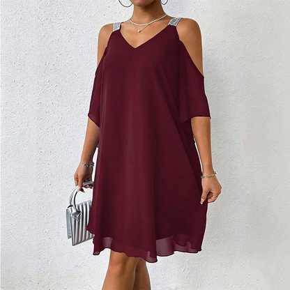 Women's Flowy Cold-Shoulder V-Neck Dress