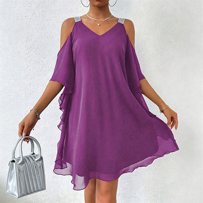 Women's Flowy Cold-Shoulder V-Neck Dress
