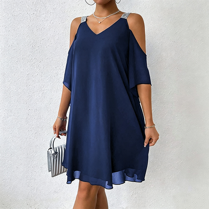 Women's Flowy Cold-Shoulder V-Neck Dress