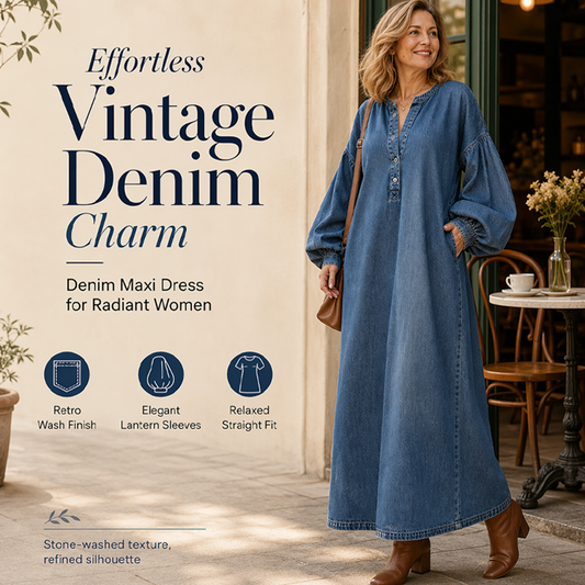 Women's Long Lantern Sleeve Maxi Denim Dress