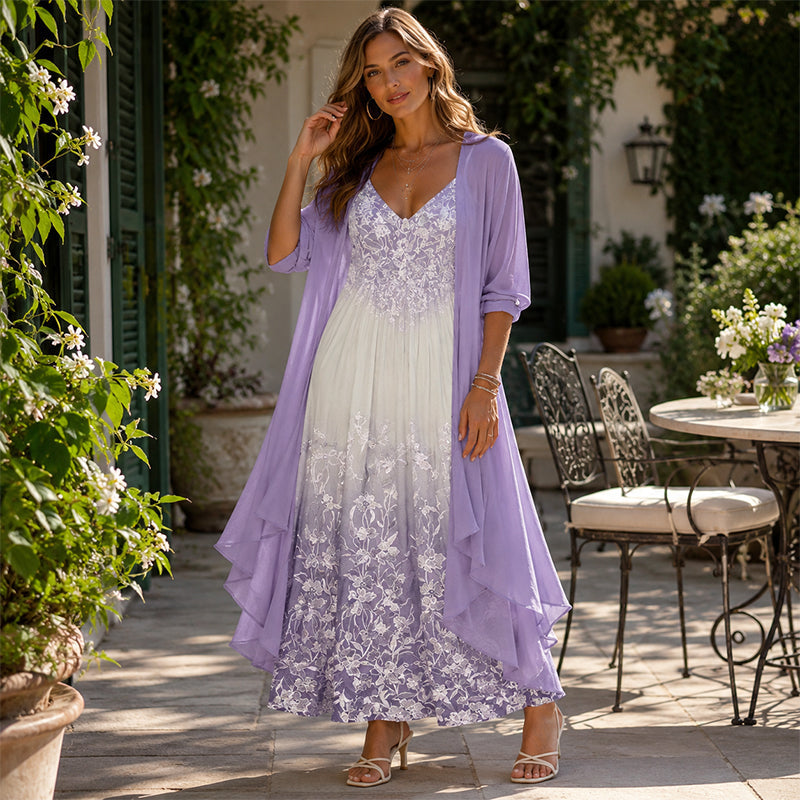 Elegant and Flowy Dress with Cardigan