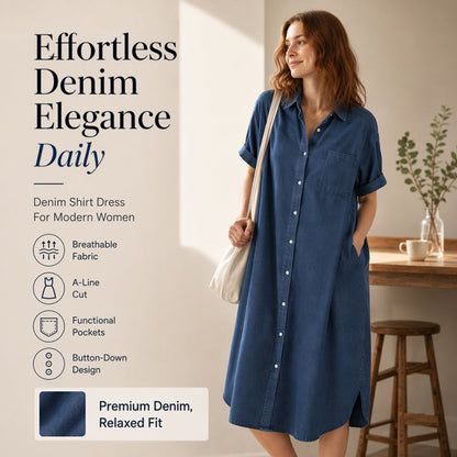 Loose-Fit Denim Dress with Button Placket – Timeless Wardrobe Staple for Weekends or Travel 🍃