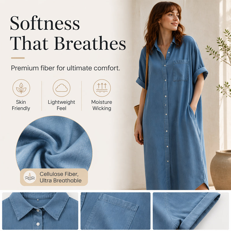 Loose-Fit Denim Dress with Button Placket – Timeless Wardrobe Staple for Weekends or Travel 🍃