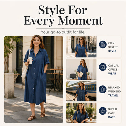 Loose-Fit Denim Dress with Button Placket – Timeless Wardrobe Staple for Weekends or Travel 🍃