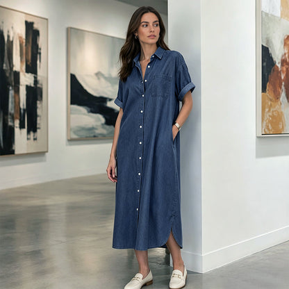 Loose-Fit Denim Dress with Button Placket – Timeless Wardrobe Staple for Weekends or Travel 🍃
