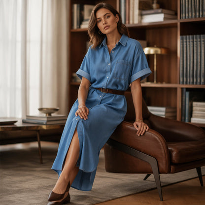 Loose-Fit Denim Dress with Button Placket – Timeless Wardrobe Staple for Weekends or Travel 🍃