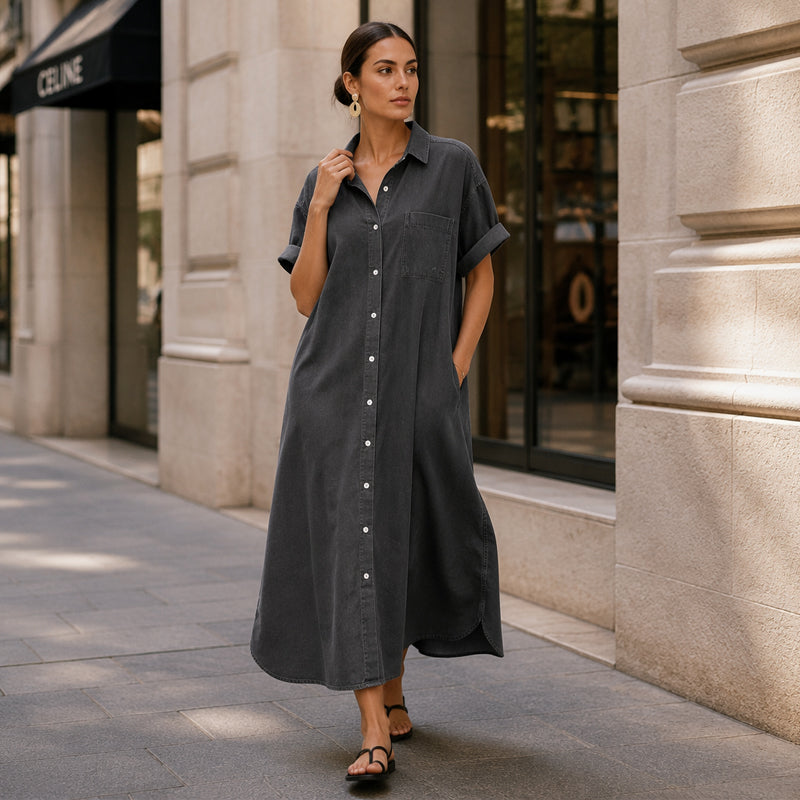 Loose-Fit Denim Dress with Button Placket – Timeless Wardrobe Staple for Weekends or Travel 🍃
