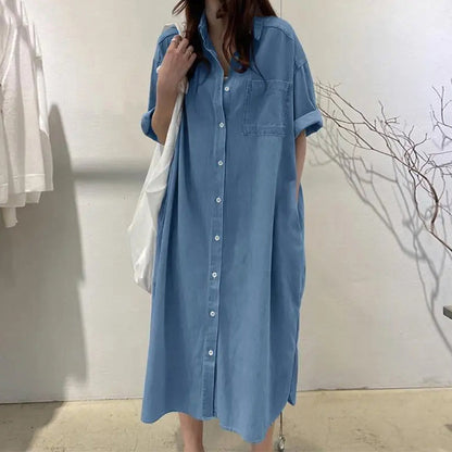 Loose-Fit Denim Dress with Button Placket – Timeless Wardrobe Staple for Weekends or Travel 🍃