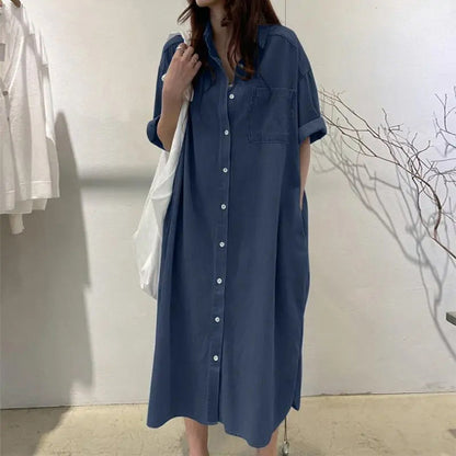 Loose-Fit Denim Dress with Button Placket – Timeless Wardrobe Staple for Weekends or Travel 🍃