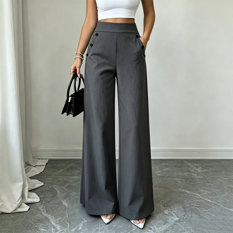 Women's High-Waisted Wide-Leg Pants with Side Buttons