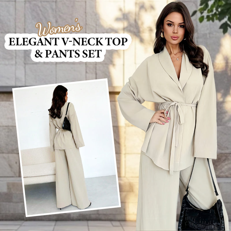 ✨49% OFF!Women’s Elegant V-Neck Top & Wide-Leg Pants 2-Piece Set