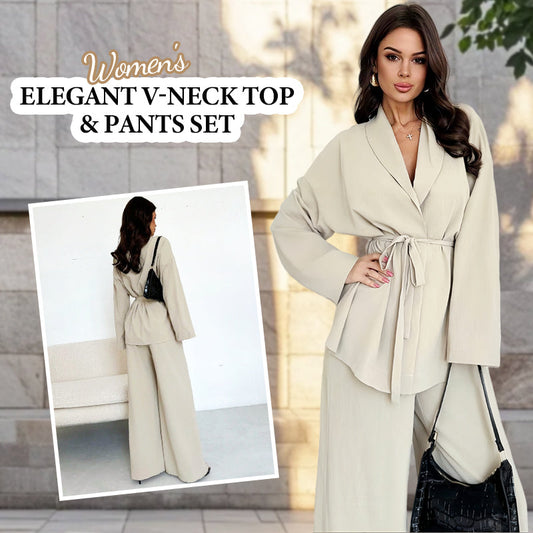 ✨49% OFF!Women’s Elegant V-Neck Top & Wide-Leg Pants 2-Piece Set
