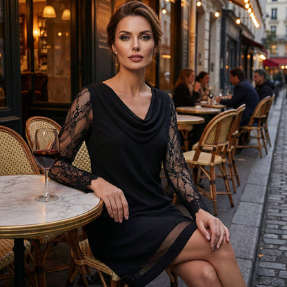 🌸Hot Sale 49% OFF!Elegant Cowl Neck A-Line Dress with Lace Sleeve