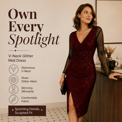 Women's Glittering Bodycon Dress with Mesh Sleeves