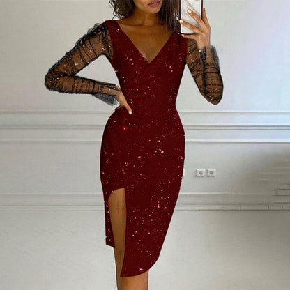 Women's Glittering Bodycon Dress with Mesh Sleeves
