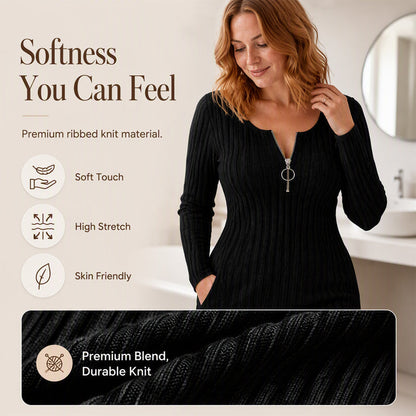 Women's Front Zipper Ribbed Knit Dress