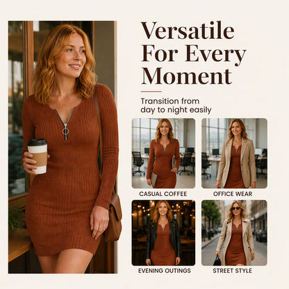 Women's Front Zipper Ribbed Knit Dress
