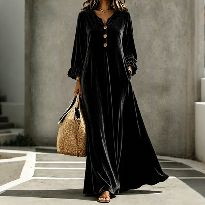 Women's Elegant Velvet Maxi Dress with Ruffle Sleeve