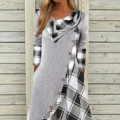 Plaid Patchwork Asymmetrical Neck Long Sleeve Dress
