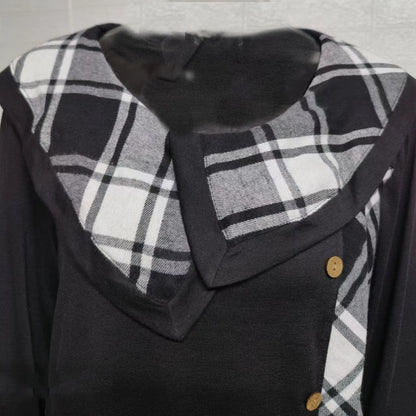 Plaid Patchwork Asymmetrical Neck Long Sleeve Dress