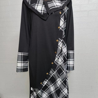 Plaid Patchwork Asymmetrical Neck Long Sleeve Dress