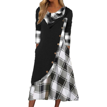 Plaid Patchwork Asymmetrical Neck Long Sleeve Dress