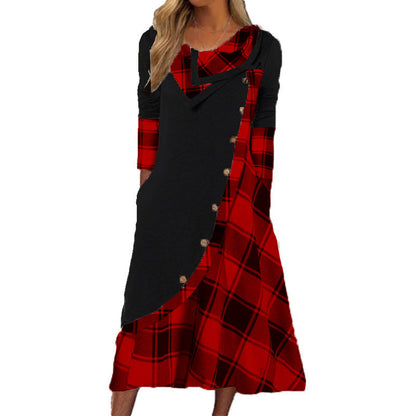 Plaid Patchwork Asymmetrical Neck Long Sleeve Dress