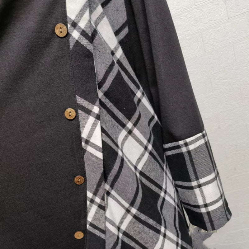 Plaid Patchwork Asymmetrical Neck Long Sleeve Dress