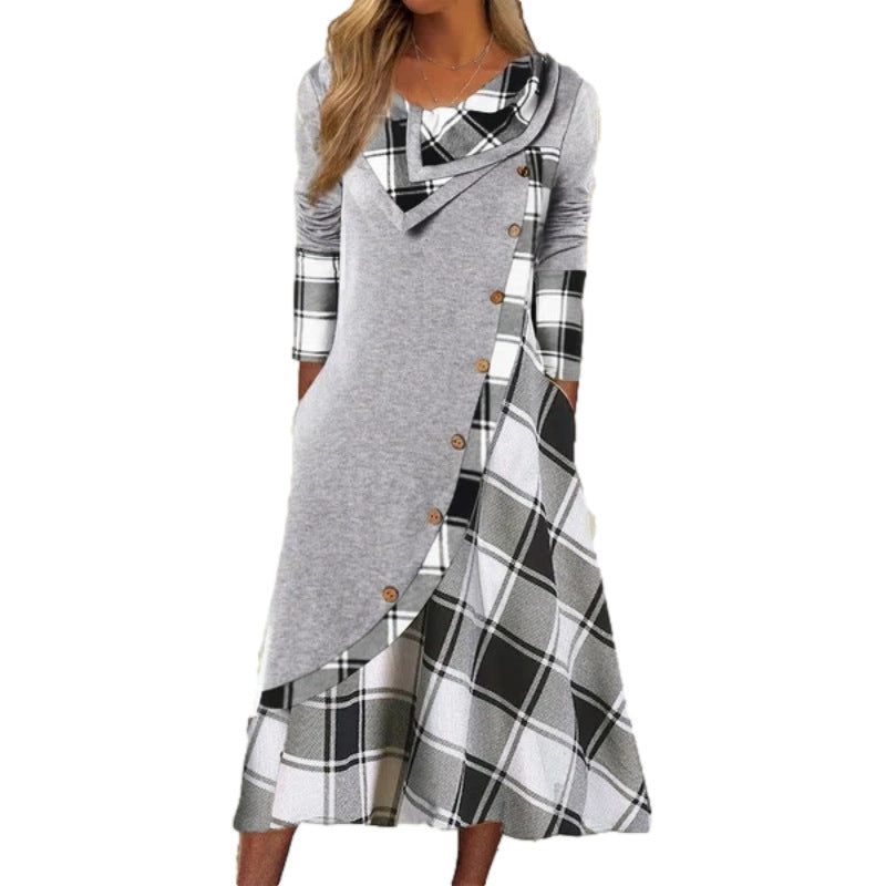 Plaid Patchwork Asymmetrical Neck Long Sleeve Dress