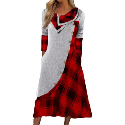 Plaid Patchwork Asymmetrical Neck Long Sleeve Dress