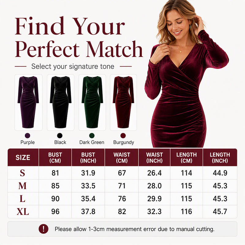 👗✨Women's V-Neck Velvet Ruched Bodycon Dress