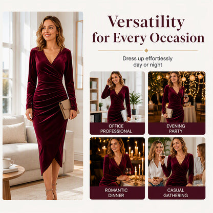 👗✨Women's V-Neck Velvet Ruched Bodycon Dress