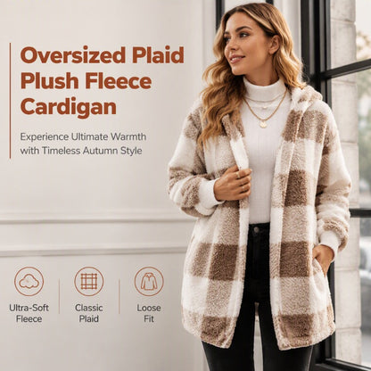✨ Cozy Plaid Character | Women’s Oversized Plaid Hooded Plush Cardigan