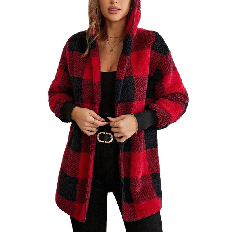 ✨ Cozy Plaid Character | Women’s Oversized Plaid Hooded Plush Cardigan